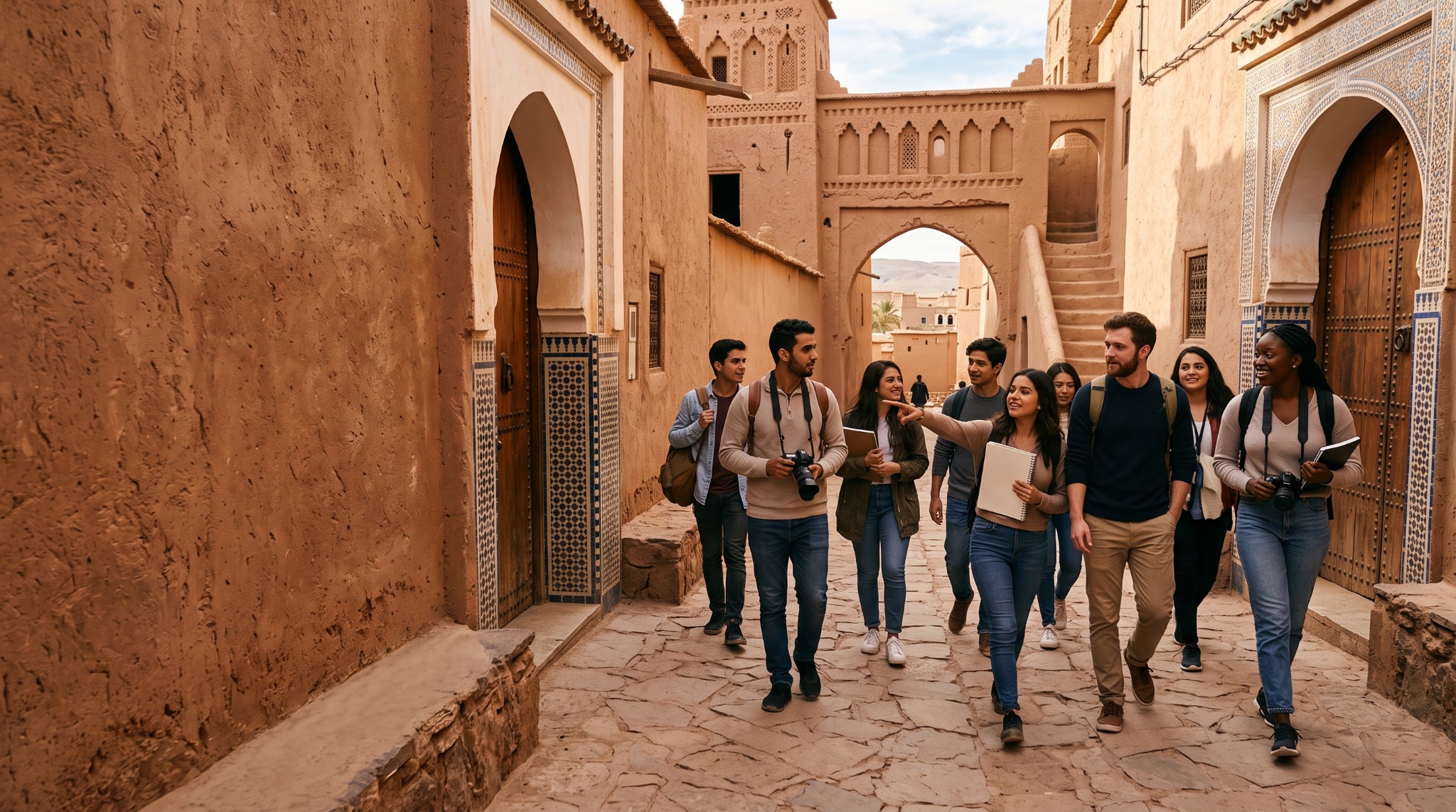 Gruppo universitario tra le architetture in terra di uno ksar