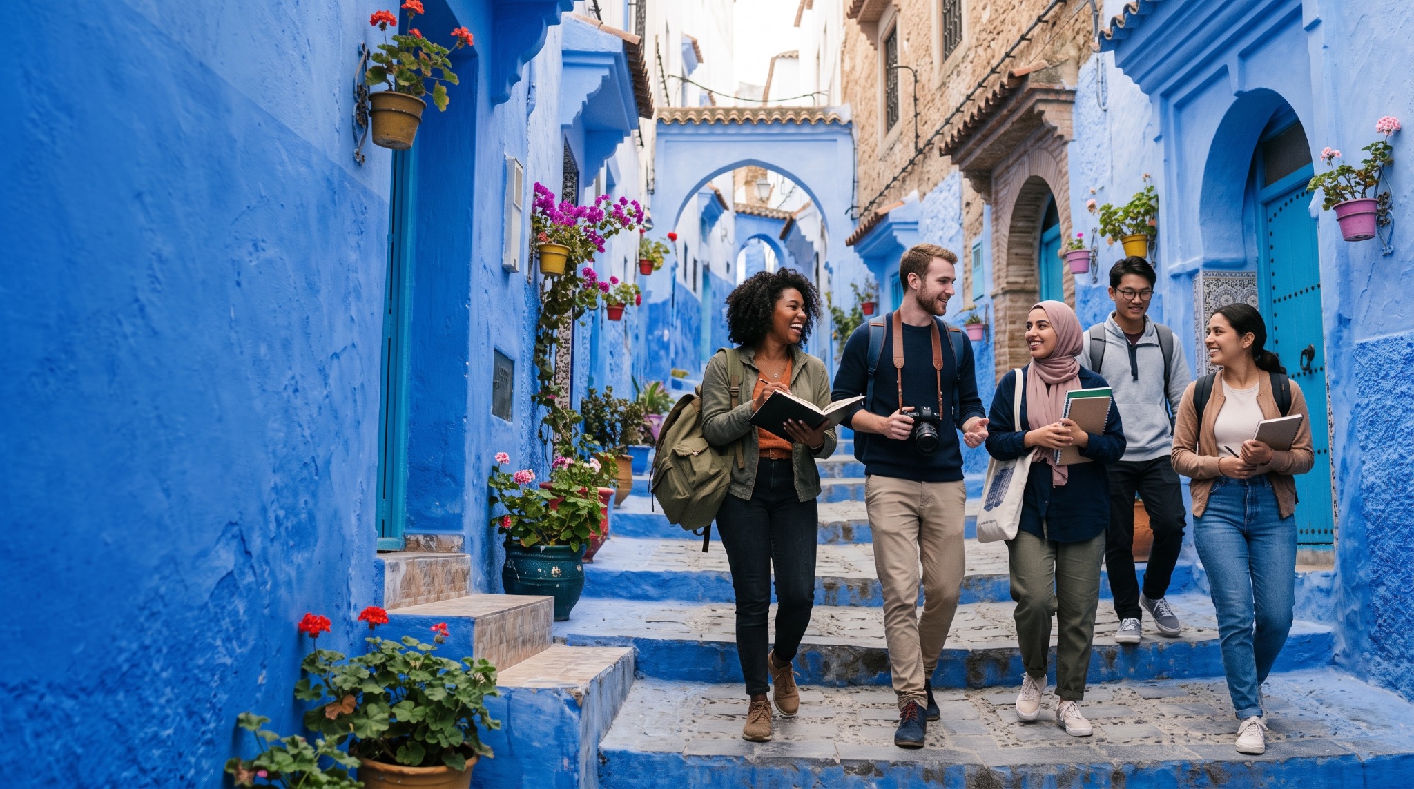 Studenti universitari che camminano nella città blu di Chefchaouen