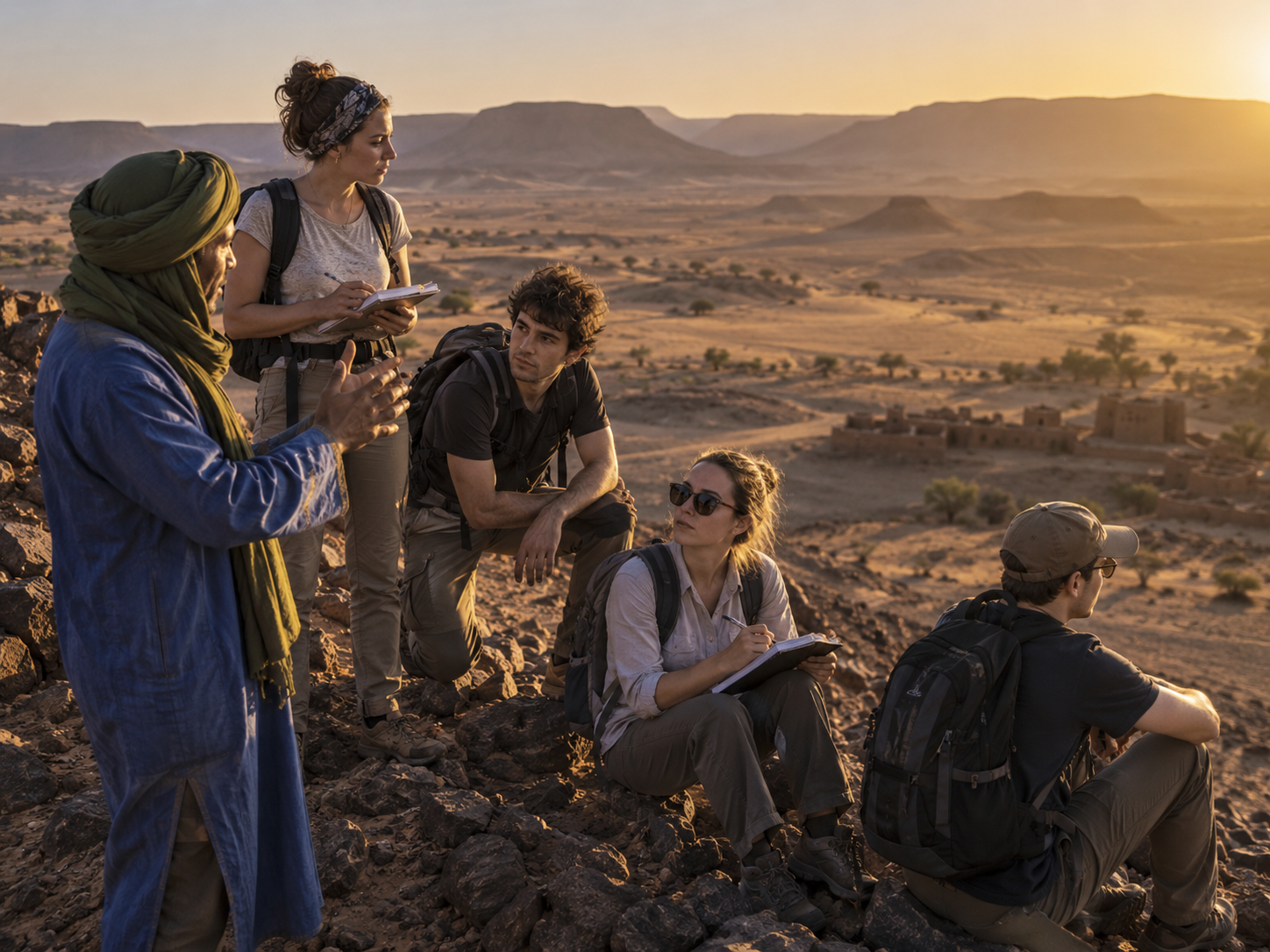 Studenti durante un’osservazione sul campo nel deserto al tramonto